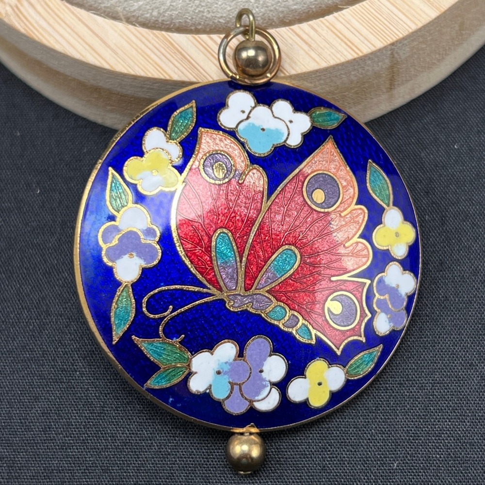 Vintage Cloisonne Pendant Butterfly Blue Enamel Floral Double Sided